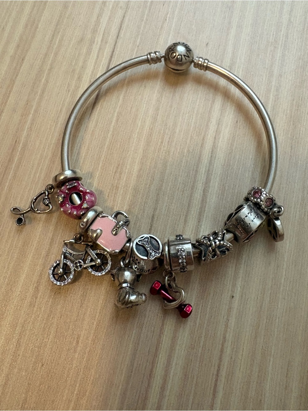 Pandora Sterling Silver  Charm Bangle Bracelet with Mixed Charms (all Pandora)